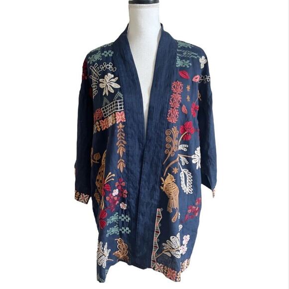 Johnny Was NEW Zuzu Linen Kimono Sz S Embroidered Navy Blue Boho - Picture 2 of 9